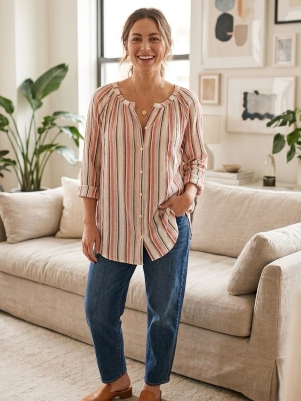 Chaps Lagenlook Boho Hippy Multicolor Striped Cotton Buttoned Blouse Top